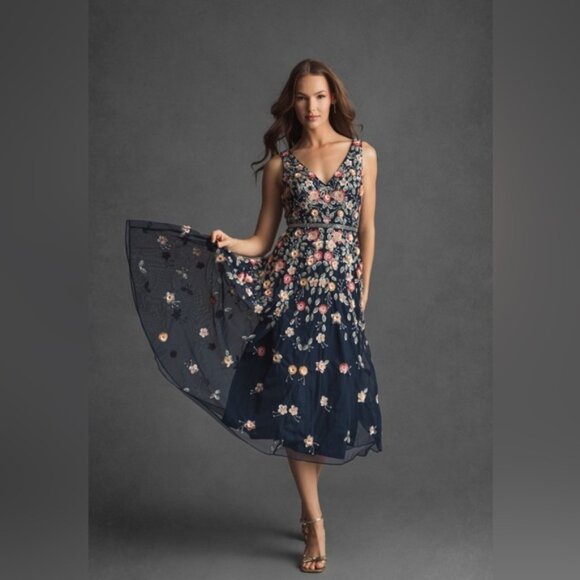 Mac Duggal 5527‎ Womens Size 6 Navy Blue V-Neck Floral Beaded A-Line Midi Dress - Picture 3 of 6